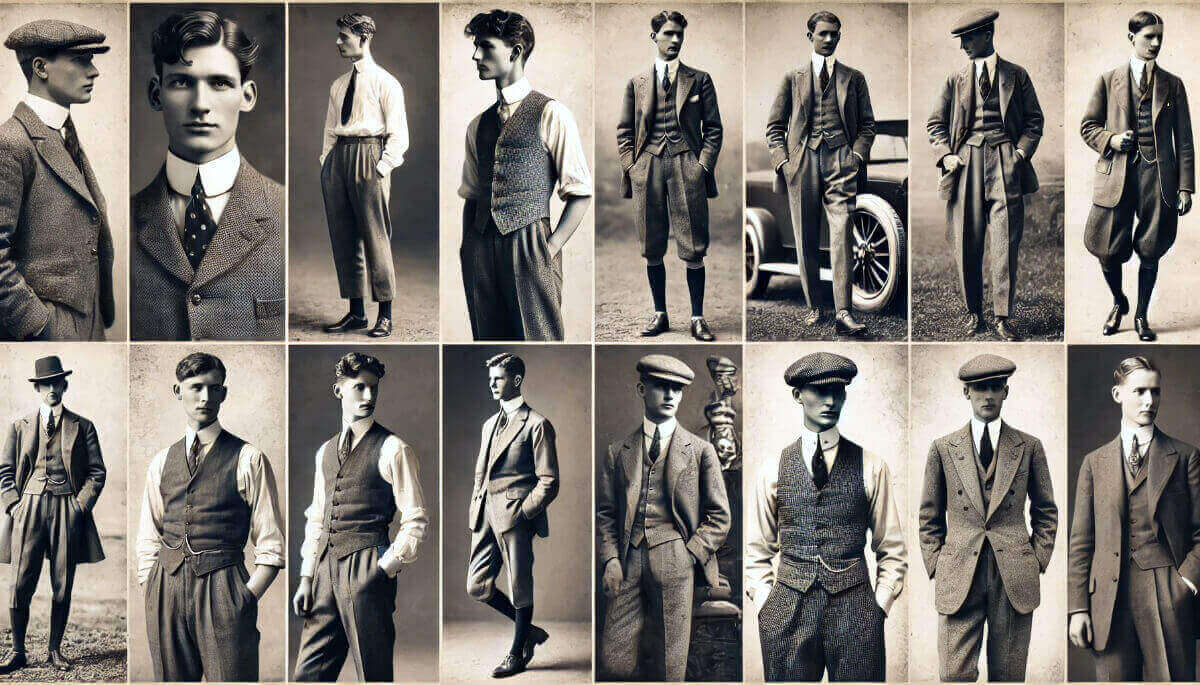 Dresscode der Herrengarderobe, Collage von Schwarz-Weiß-Fotos aus den 1920er Jahren, die Männer in Freizeitkleidung und Business-Anzügen zeigt